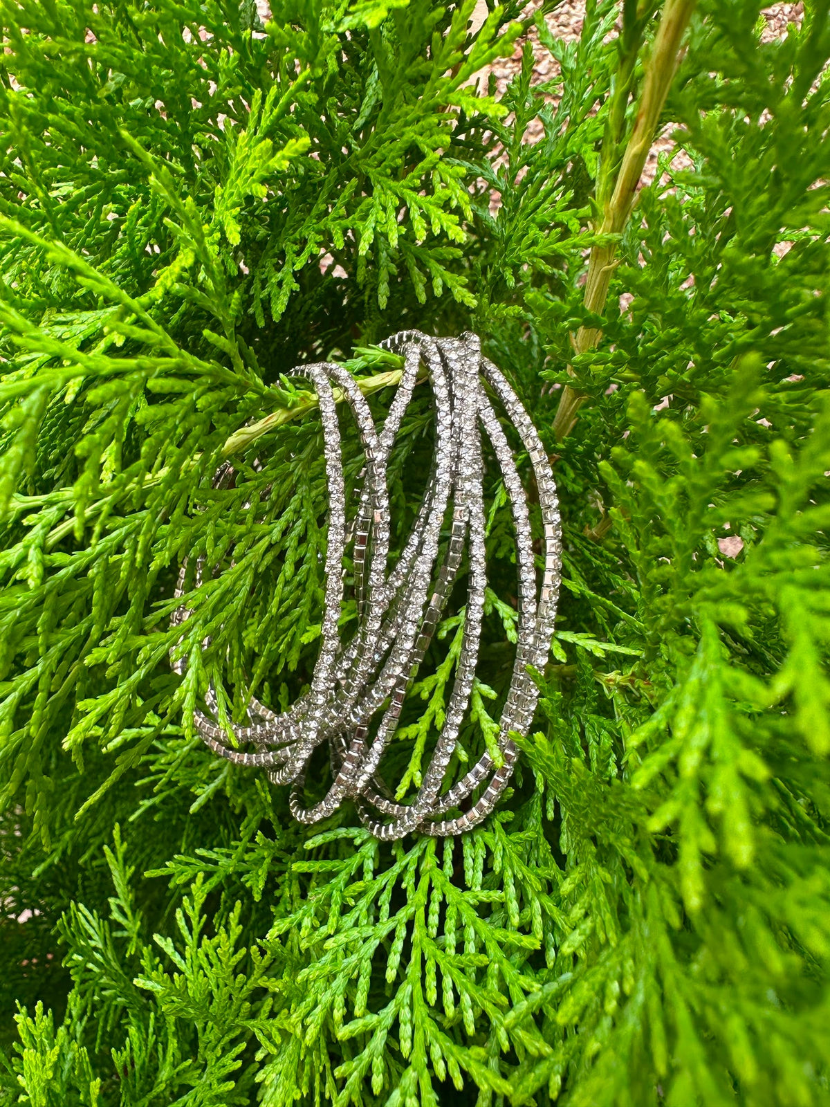 Pulsera Rainbow plateada con cristales blancos brillantes sobre fondo de vegetación