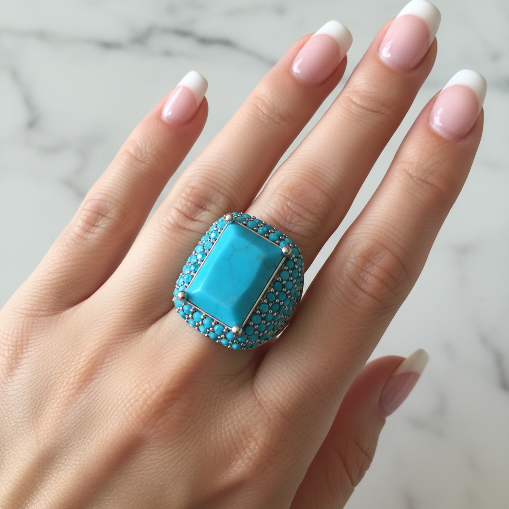 Anillo Yasmine turquesa lucido en mano con uñas baby boomer, fondo mármol